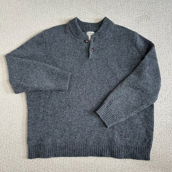 LL Bean 100% Lambs Wool Sweater XXL Gray Classic Ragg Henley 285174 - Picture 1 of 6